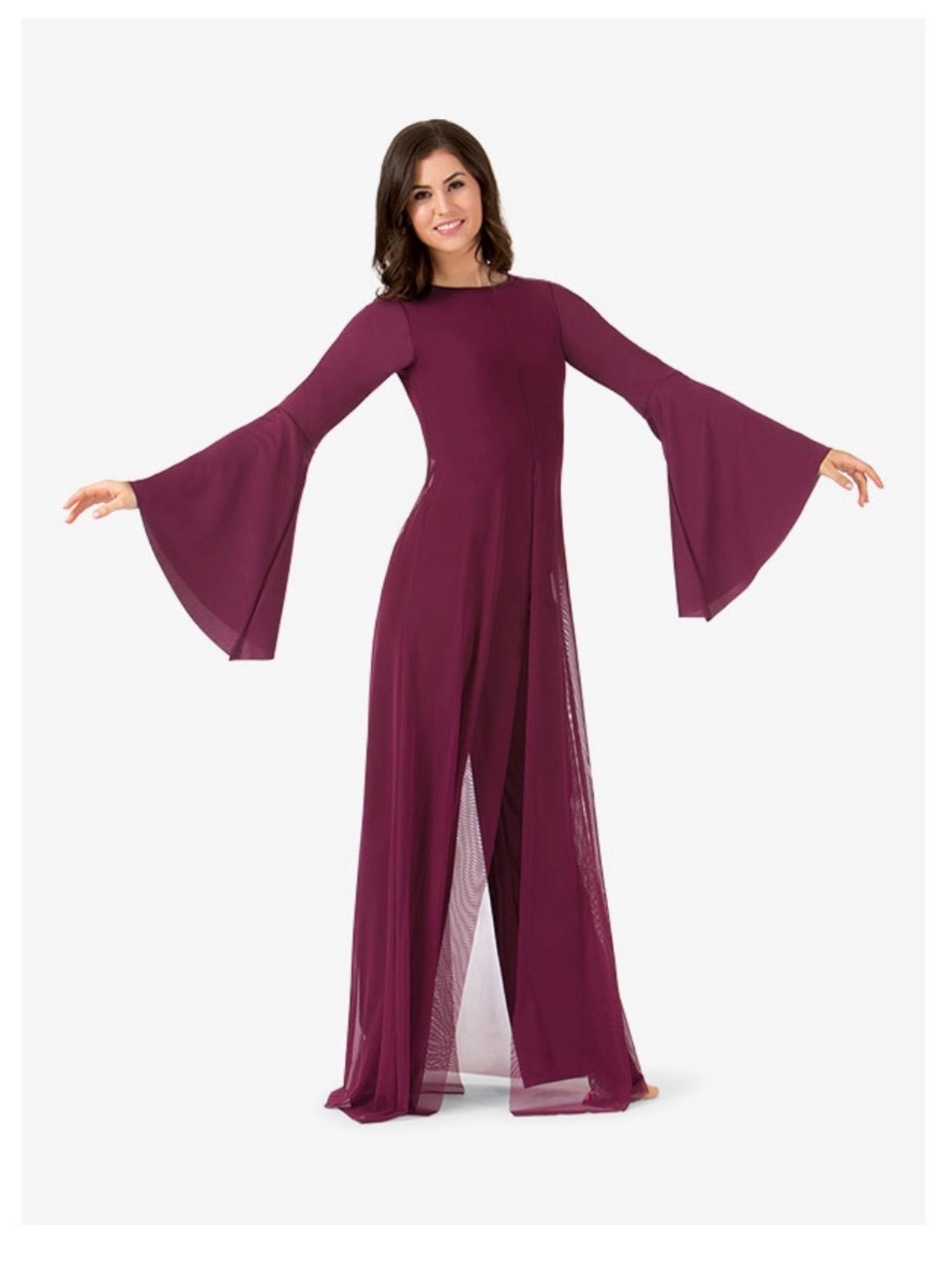 NWT Women's Bell-Sleeve Worship Dance Jumpsuit In Burgundy with sheer overlay